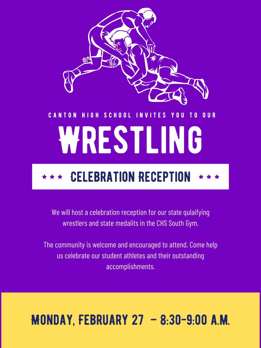 CantonActivity's tweet photo. There will be a celebration reception for our @LittleGiantWres state qualifiers and state medalist in the CHS South Gym on Monday, Feb 27 at 8:30 AM.  The community is welcome and encouraged to attend.  Please enter and check in through the east doors of CHS.  @hoijim @KurtPegler https://t.co/Kc36uWXpUo