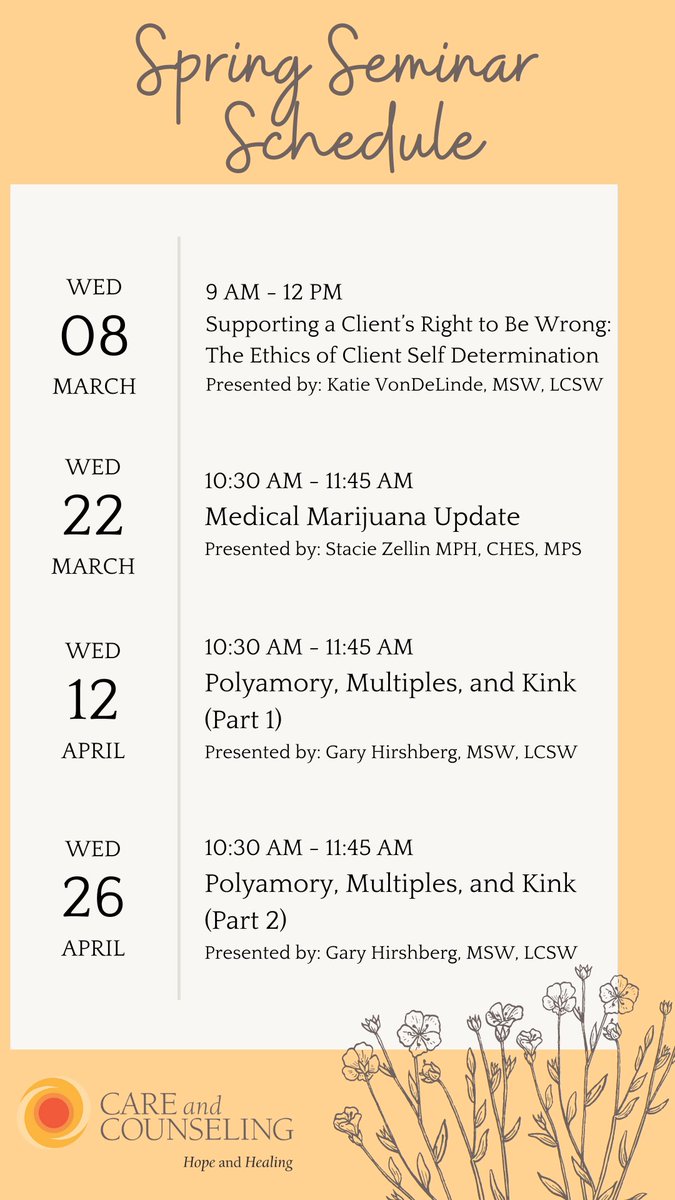 CounselingSTL's tweet photo. We still have four more seminars coming up this Spring! Check out the line up and make sure to register at https://t.co/A2Lt6XmQ2u so you can receive CEs. We hope to see you at one or more of these educational events! #seminar #schedule #mentalhealth #therapy #counselor #training https://t.co/Kc5Thxtt6B