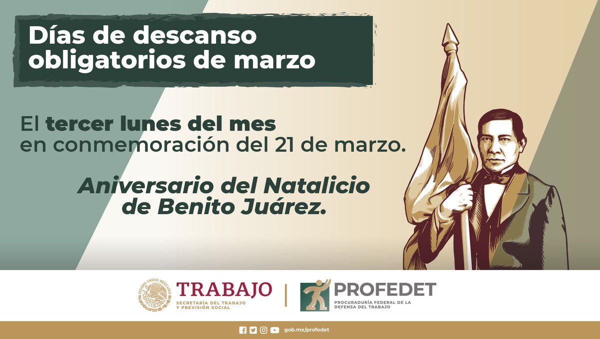 📍¡Toma nota! 

🧏‍♂️🧏‍♀️Se viene el segundo puente del año.

📅El lunes 20 de marzo está señalado en la #LFT como descanso obligatorio. 

✅Si lo trabajas, deberás recibir: 

•Tu sueldo;
•Más un salario doble.