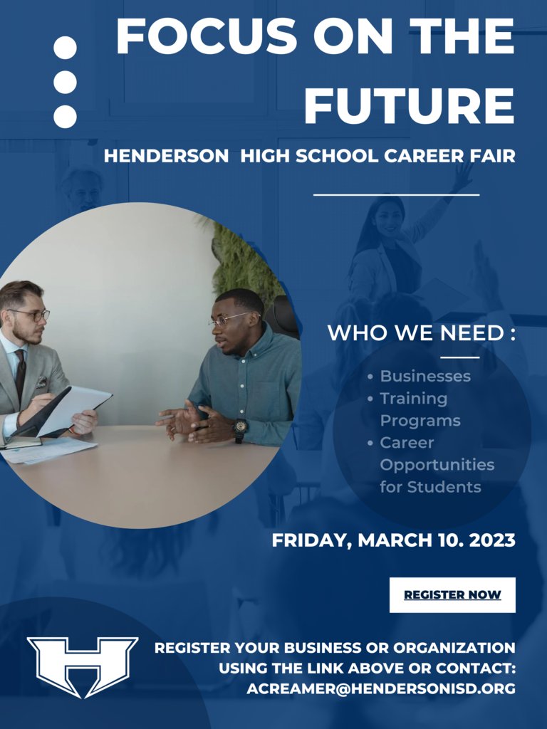 HendersonISD's tweet photo. Local Businesses: We need your help as HHS hosts a Career Fair, March 10. Does your business offer training programs, career opportunities, internships or other possibilities for students? Come share them! RSVP here: https://t.co/1pzVcfIH33 https://t.co/vdDXEybxYM