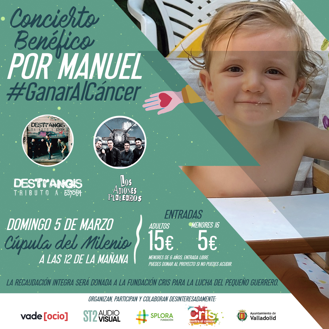 El sábado 5 de marzo en la Cúpula del Milenio (Valladolid) se celebrará un concierto solidario en beneficio del reto de Manuel para recaudar fondos para ayudar impulsar la investigación del cáncer rabdoide en la Unidad CRIS #HospitalLaPaz: ganaralcancer.org/retos/?id=Tu-d… y #GanarAlCáncer