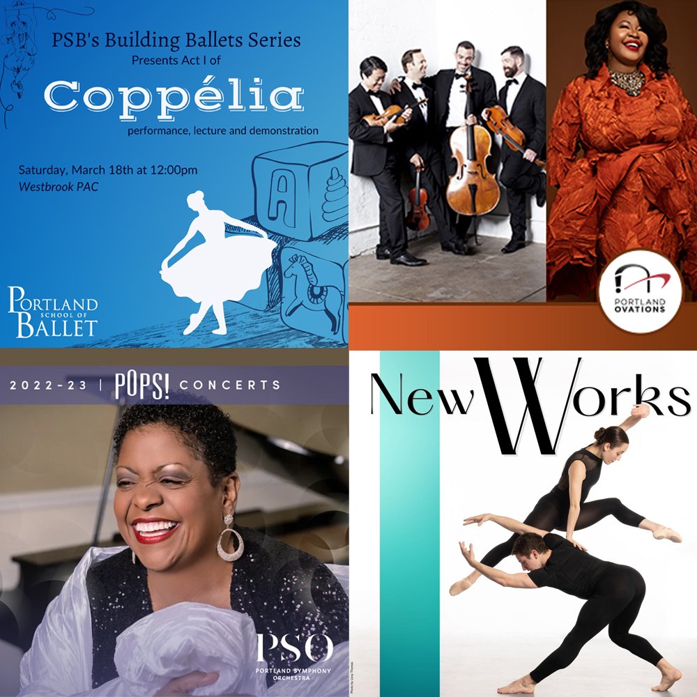 Did you know we have 4 shows on March 18th!? 
Portland Ballet: Building Ballets 12pm - WPAC
Portland Ovations: Miro Quartet 3pm - Hannaford Hall
Portland Ballet: New Works 7:30pm - WPAC
PSO: Louis Armstrong &amp; Friends 7:30pm - Merrill Auditorium