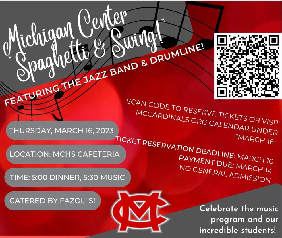 The Michigan Center Music Department is hosting the gala of the year, "Spaghetti and Swing!" Featuring our incredible students with the HS jazz band and drumline, this is an event you won't want to miss! 
Reserve your tickets TODAY! 🎼🎸🎷🥁