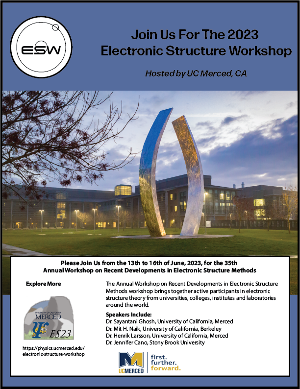 ES_Workshop's tweet photo. If you’re interested in electronic structure theory, attend the 35th Workshop on Recent Developments in Electronic Structure Methods,
hosted at @ucmerced! Explore more: https://t.co/tjtKebk8dk
#academia #physics #physicsworkshop #electronicstructuretheory #academictwitter https://t.co/fKy13zI8ez
