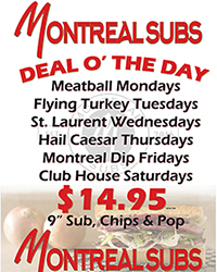 Wednesday Ddeal O' The Day is our St. Laurent. House Made Spicy Mustard, Pepperoni, Montreal Smoked Meat and Pickles. Choose your type of bread, and enjoy it with pop and chips for $14.95 plus tax.

#dealotheday #subsandwichesvictoriabc #montrealsmokedmeat #montrealsubs