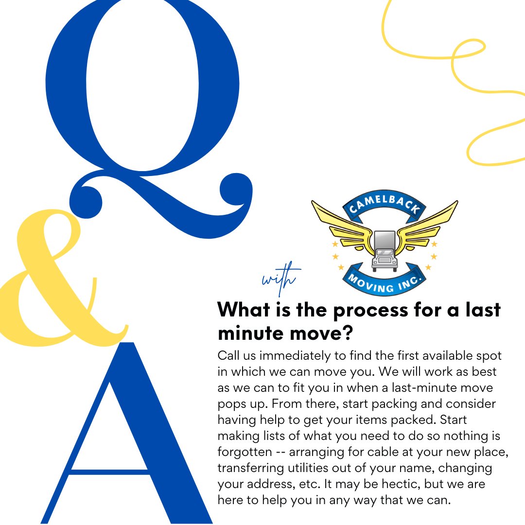 CamelbackMoving's tweet image. While advance notice is always best for a move, we understand that last-minute moves happen. So, what do you do when you are in this situation? #CamelbackMoving #MovingFAQ