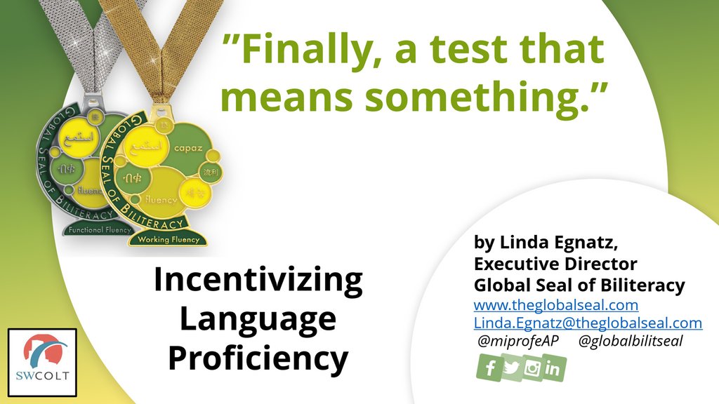 theglobalseal's tweet photo. Our own Linda Egnatz is presenting at @SWCOLTorg. Check it out if you're attending!
SWCOLT SESSION 1: Presentation 9 โ โFinally, a test that means something.โ Incentivizing Language Proficiency - Fri. 2/24 @ 8:30am
@miprofeAP #SWCOLT23 #LanguageLearning #LanguageCertification https://t.co/7mKfhwJnW2