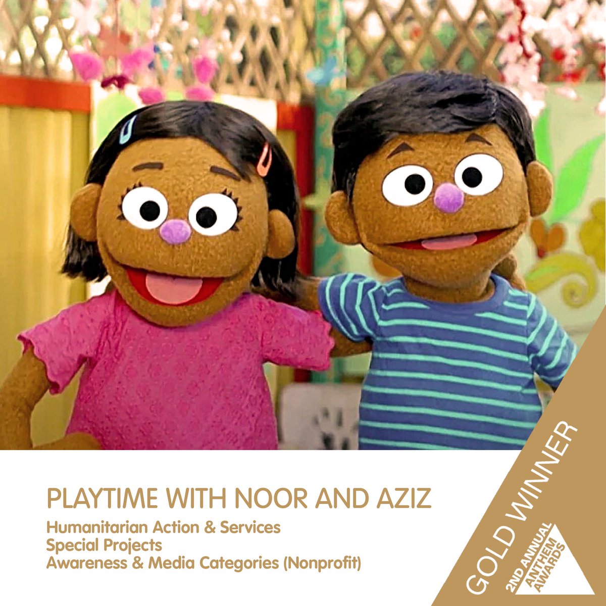 SesameWorkshop's tweet photo. Sesame Workshop is honored to have been awarded the Gold Anthem Award for "Playtime with Noor and Aziz" and our COVID-19 Vaccine Confidence PSAs, made in partnership with @AdCouncil. Thank you, @anthemawards for these honors! https://t.co/pUlU7BflBw