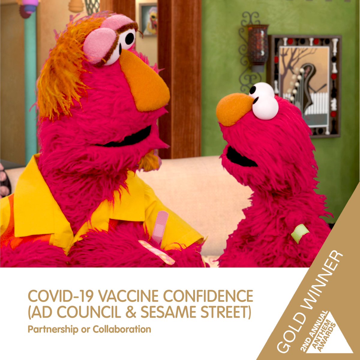 SesameWorkshop's tweet photo. Sesame Workshop is honored to have been awarded the Gold Anthem Award for "Playtime with Noor and Aziz" and our COVID-19 Vaccine Confidence PSAs, made in partnership with @AdCouncil. Thank you, @anthemawards for these honors! https://t.co/pUlU7BflBw