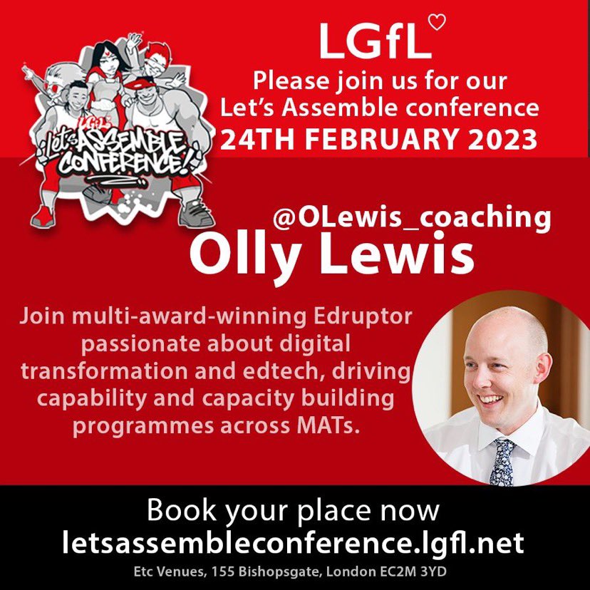OLewis_coaching's tweet photo. Looking forward to @LGfL’s #LetsAssemble conference this Friday!
I’ll be sharing a range of ideas we’re using @TDETeducation to build our digital strategy & manage change.
#edtech #digistrat #TDETTransform https://t.co/yJxma6W0iq