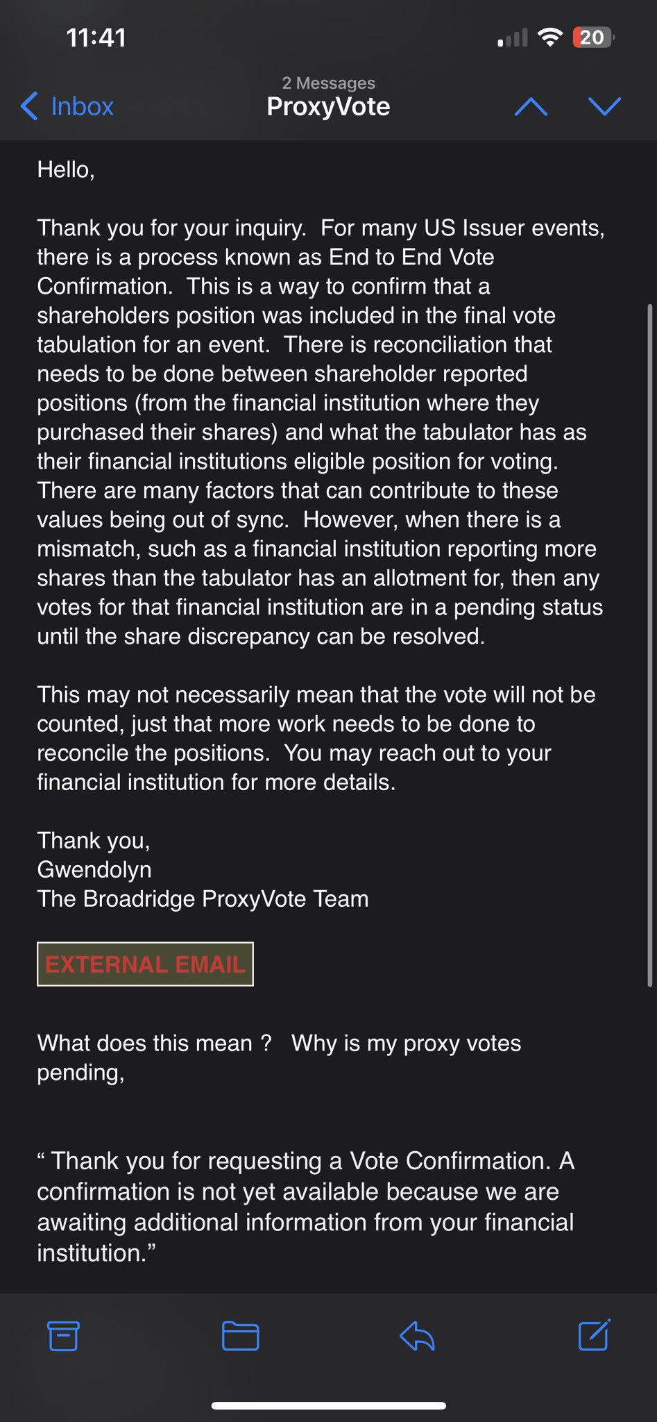 Leokinsxx on twitter proxyvote pending confirmation yep me too