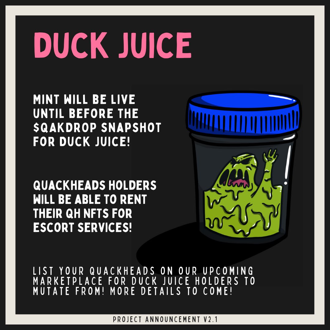 LunaticsQAK's tweet photo. / OG Tag giveaway 🔥
Our staking platform will be launching soon duckers!
- ONLY FOR DUCK JUICE NFT HOLDERS! 🤬
✅ RT & Like!
✅ Reply with your referral link 🔗
✅ Reply with your favorite Quackhead and the Duck Juice you’d want to mutate with! 🧪
Quack 🦆
#CNFT #NFT $ADA https://t.co/0cRC9zDYrP