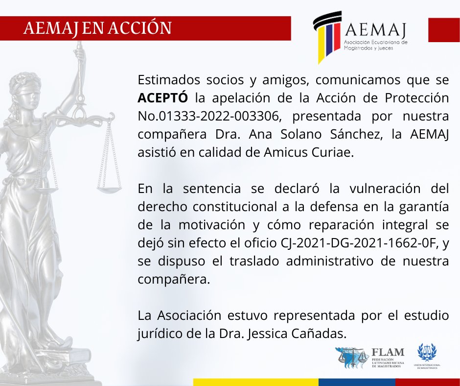 AsoJuecesEc's tweet photo. ✅SE ACEPTÓ AP A SOCIO AEMAJ

#AEMAJenAccción Se ACEPTÓ la apelación de la Acción de Protección presentada por nuestra compañera Dra. Ana Sánchez, la AEMAJ asistió en calidad de Amicus Curiae

La Asociación estuvo representada por el estudio jurídico de la Dra. @JessicaCanadas https://t.co/Eq5u8yfIeQ