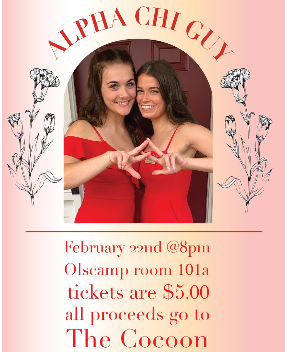 Alpha Chi Guy is tonight! Come support or donate to domestic violence awareness. Click here to donate alphachiomega.crowdchange.co/30649