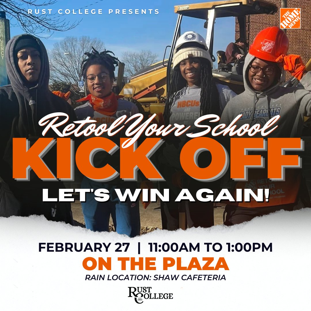 RustCollege1866's tweet photo. #RYSRust: It's that time of year again for The Home Depot: Retool Your School Campaign 🛠 Voting opens AT MIDNIGHT ‼️

You're invited to join us In #BearcatCountry for the Retool Your School Kick Off Celebration on Monday, February 27 at 11am 🔥‼️ 

#RushToRust #RustCollege https://t.co/rYgHfCvNDD