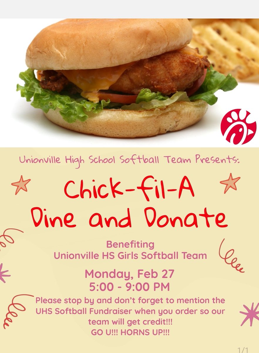 We know you're looking for an excuse to have Chick-fil-a! Come to the Chick-fil-a in Glen Mills and support the UHS Softball team on Monday 2/27 from 5-9! Make sure to mention you're supporting UHS Softball! 🥎🔥🤘

Horns up! Go U! Eat more Chicken!