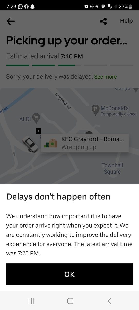 DreadedSarge's tweet photo. @ubereats_uk your service is absolute joke, delays happen EVERY TIME! we ordered this an hour ago, I could have gotten a bus, order at the restaurant and got home quicker... WE'RE STILL WAITING FOR HIM TO ACTUALLY MOVE! I think this is going to be the last time we use Uber eats https://t.co/kcEK53BHSI