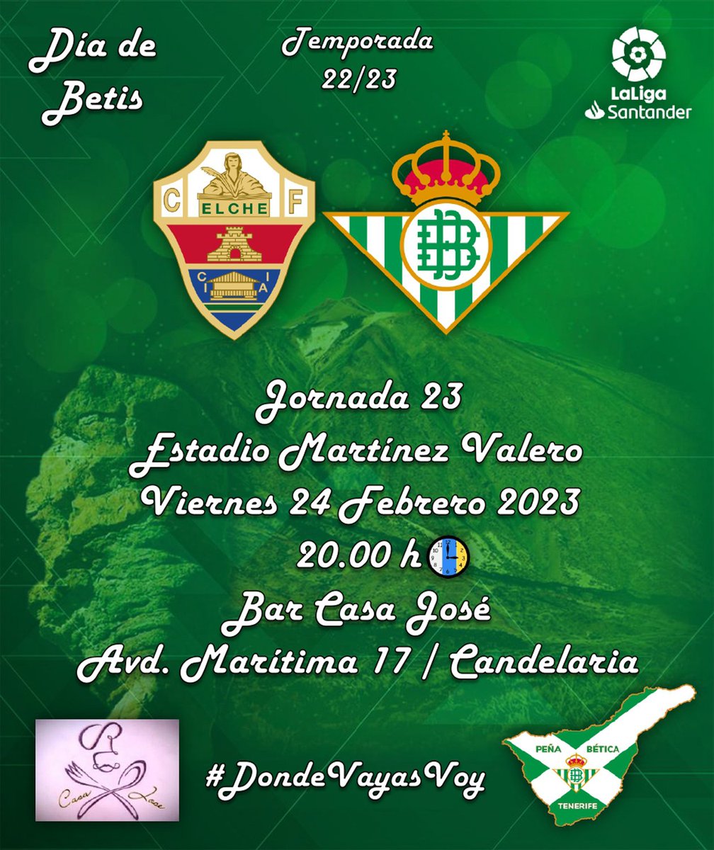 pbeticatenerife's tweet photo. Viernes de Carnaval y Viernes de Real Betis Balompié, el glorioso visita Elche para seguir con la dinámica de los dos ultimos partidos 💪⚔️💚🤍💚.
📍Les esperamos en:
Restaurante Casa Jose
#PeñaBéticaTenerife #IslaVerdiBlanca
#RealBetis #Tenerife #Beticismo
#dondevayasvoy https://t.co/XwSxNyBbii