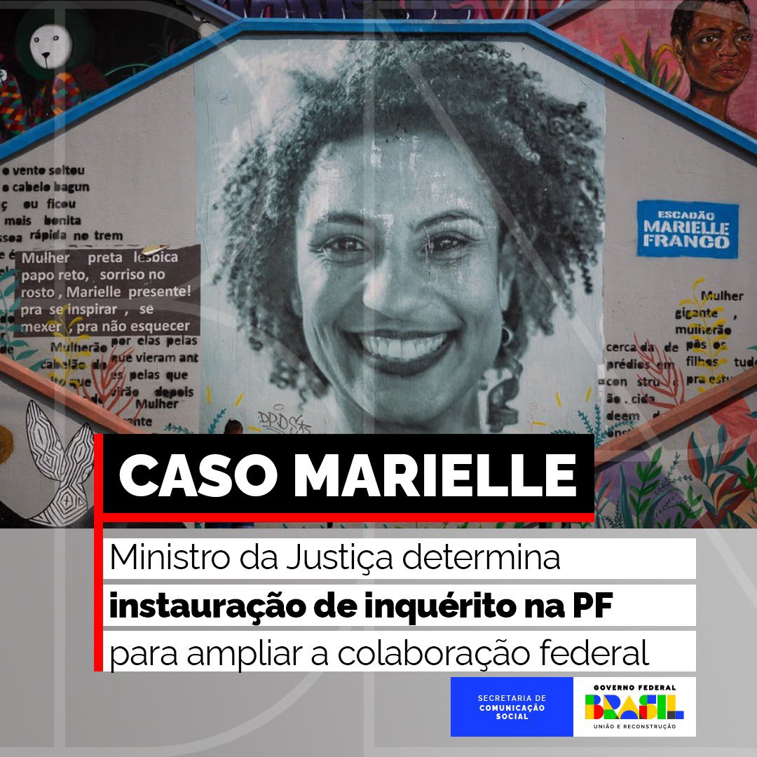 O ministro Flávio Dino, do @JusticaGovBR, anunciou nesta quarta (22) a formalização da ampliação da colaboração federal com as investigações sobre os mandantes dos assassinatos da vereadora Marielle Franco e de Anderson Gomes, mortos a tiros em 2018, no Rio de Janeiro.