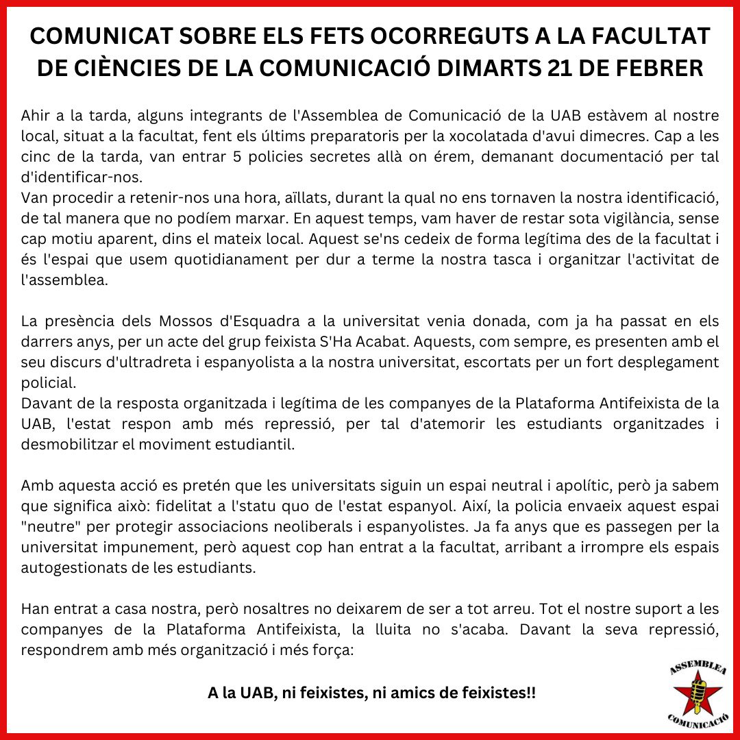 Ahir van ocórrer aquests fets a la nostra facultat. La presència de policia i l'extrema dreta a la universitat comença a ser rutina. 

Davant d'aquesta opressió NO defallim, seguim fermes i sense por. 🔥
