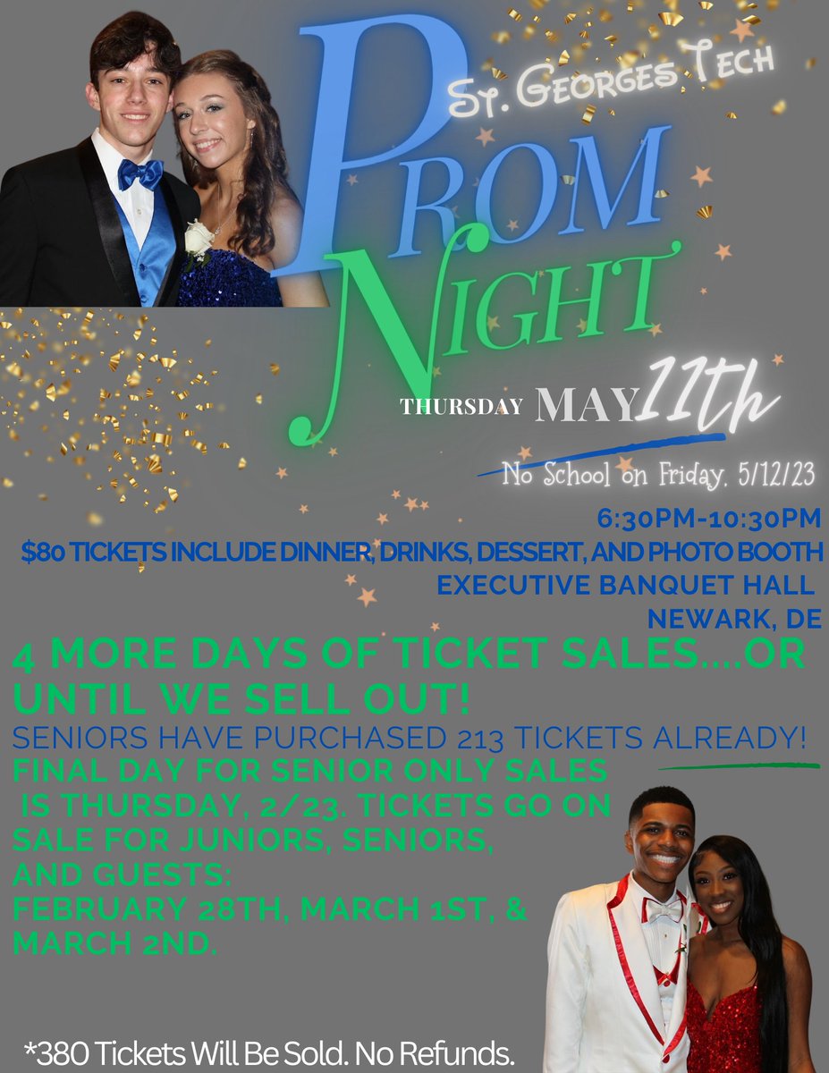 HawksSG's tweet image. Seniors, you have 1 final day of prom ticket sales until it opens up to juniors and juniors guests. We have sold 213 tickets already. See Ms. Crumlish in the School Store to get your tickets on Thursday, 2/23. @ChadHarrisonSG @drjconnor299 @SarahOlsavsky @fhansonic #PromTime