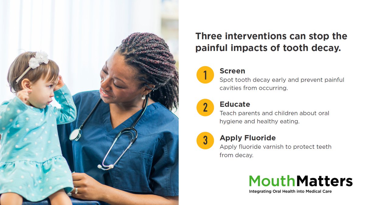 A6: Well-child visits are the perfect time to "put the mouth back in the body." Programs like #MouthMatters help health care providers integrate oral health education and services into checkups, including fluoride varnish—an extra layer of cavity prevention. #NCDHM #KidsTeeth