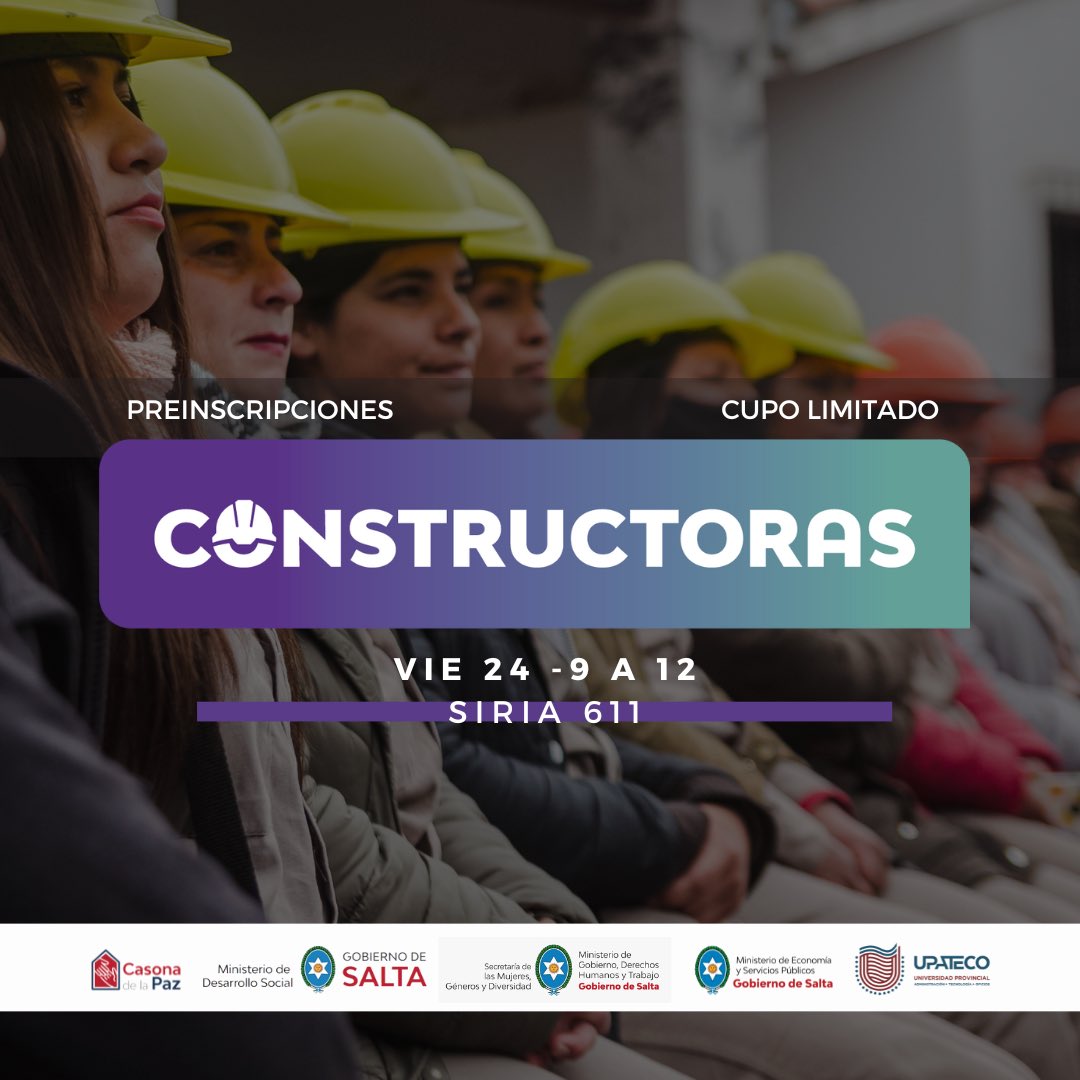 MGDSalta's tweet photo. Después de un feriado XXL, ¡un notición🥳! El viernes 24, pondremos en marcha las preinscripciones para Constructoras 2023👷‍♀️, o sea la segunda cohorte de este programa que capacita a mujeres y LGBTIQ+ en oficios de la construcción. Si te interesa, acercate a Siria 611, de 9 a 12. https://t.co/shtpub71bd