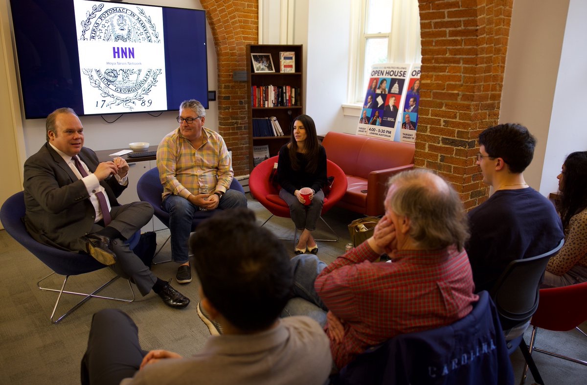 GUPolitics's tweet photo. Did you hear? Hoya News Network is live in the GU Politics Living Room with host Spring 2023 Fellow @ChrisStirewalt and special guests @elianayjohnson and @michaelpmeehan! https://t.co/wDa4iDwj8p