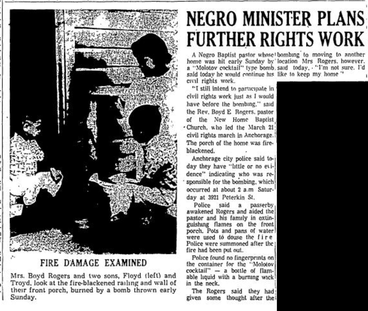 ANC_Historian's tweet photo. March 28, 1965, unknown person threw a firebomb at the front door of Rev Boyd Rogers' home in Mountain View, a week after Rogers led a peaceful Civil Rights march in Anchorage. He soon left Alaska. #alaskahistory #anchoragehistory #alaska #BlackHistoryMonth https://t.co/p0SM65UxrD