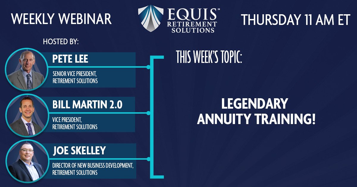 EquisRetirement's tweet photo. Join Equis Retirement Solutions tomorrow morning at 11 AM ET as we revisit the popular Hall of Fame Annuity Training that we were provided by the legendary Doug McDermott, with some amazing tips for explaining and selling annuities! If you've struggled in the past, don't miss it! https://t.co/4IXqQcsQ1b