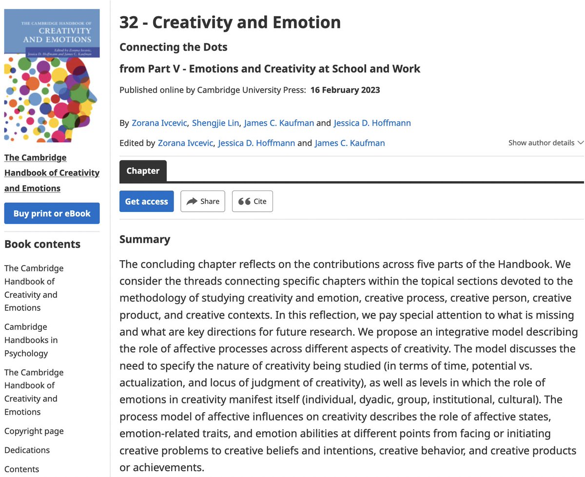 ZoranaPsych's tweet photo. The Cambridge Handbook of Creativity and Emotion is out! First of its kind, it reviews four decades of research on affective processes and creativity and considers the questions ahead. With @JADHoffmann @JamesKaufman @APADivision10 @YaleEmotion https://t.co/ex8dYsMjEx