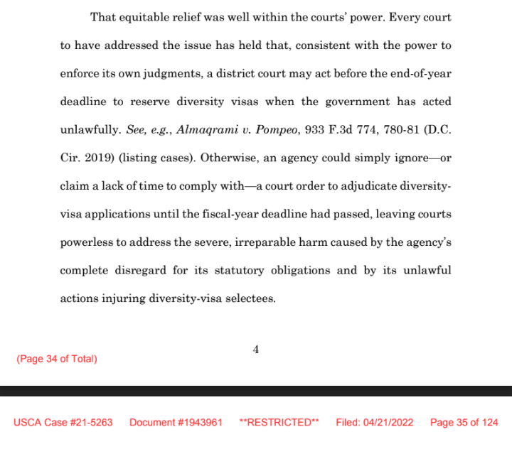 For context, when Biden administration argued in their opening brief before appeals court that courts cannot order equitable relief after end of fiscal year, this was the DV plaintiffs response to that argument: drive.google.com/file/d/1gzk7rv…