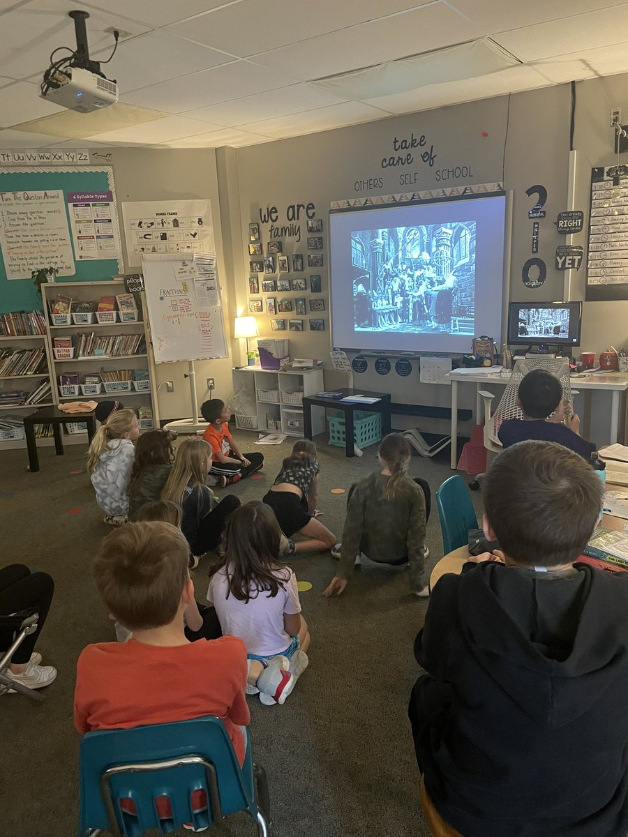 MrsHarvey_3rd's tweet photo. Watching the 1902 silent film, A Trip to the Moon by Georges Méliès. A theme, main character and feature in our read aloud, Hugo Cabret! https://t.co/M2HusF6v4q