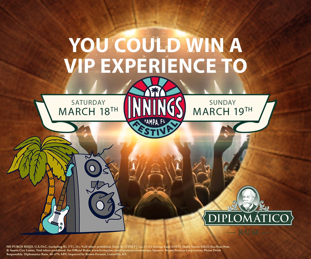 Diplomático Rum (@diplomaticorum) on Twitter photo We’re excited to give you and a friend a chance to win the ultimate music-lover experience at <a href="/inningsflorida/">Innings Festival Florida</a>: flights, VIP tickets, and your favorite cocktail created with our premium rum 🍹
Visit livenation.com/diplomaticorum… to enter.
See you in Florida! 🤞 We’re excited to give you and a friend a chance to win the ultimate music-lover experience at <a href="/inningsflorida/">Innings Festival Florida</a>: flights, VIP tickets, and your favorite cocktail created with our premium rum 🍹
Visit livenation.com/diplomaticorum… to enter.
See you in Florida! 🤞