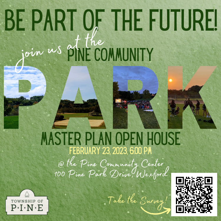 TwpofPine's tweet photo. Hi Pine Township - Reminder this Thurs., 2/23, @ 6 PM, Pine will host an open house to get your feedback on the future of Pine Community Park.  Please come out &amp; give us your feedback!  Can't make it? Fill out a quick survey by clicking the link. https://t.co/jvg84udRWO https://t.co/OZOP94Z7Wn