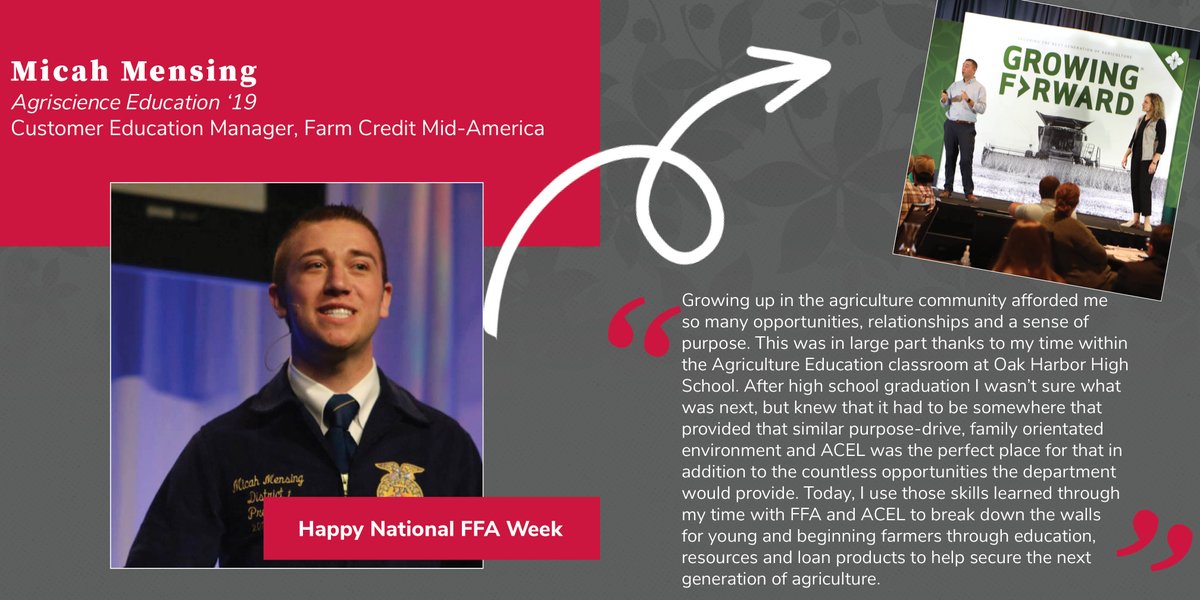 ACELatOSU's tweet photo. Micah Mensing '19 uses his experiences from his time as an FFA member and agriscience education student at Ohio State when working with young and beginning farmers.

Mensing works for Farm Credit Mid-America as a customer education manager.

#FFAWeek23 #ACELatOSU #ACELAlum https://t.co/vFBIXTLhqW