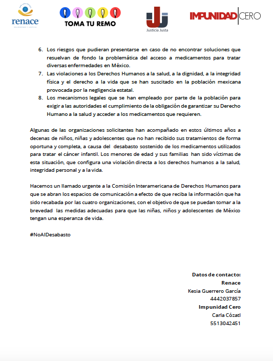 En conjunto con organizaciones de la sociedad civil <a href="/ImpunidadCeroMx/">Impunidad Cero</a> @RenaceSanLuis y <a href="/TomaTuRemo/">TOMA TU REMO</a> solicitamos audiencia ante la 
<a href="/CIDH/">CIDH - IACHR</a> para informar sobre el desabasto de medicamentos contra el cáncer infantil
#NoAlDesabasto