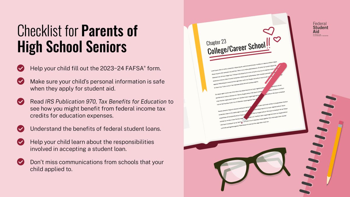 📣 Calling all parents with a high school senior 📣​

Use this checklist to make sure your child is prepared for the next chapter of their life. studentaid.gov/resources/prep…