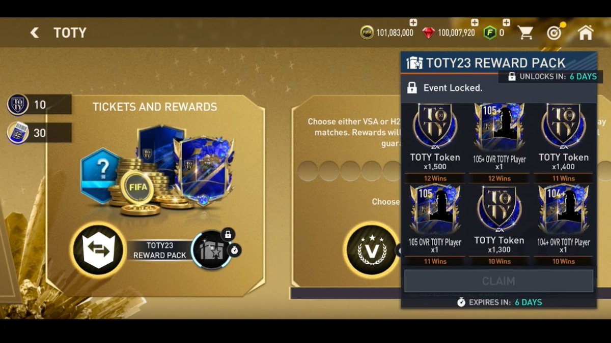 tutiofifa's tweet photo. Así se verá el capítulo UTOTY con las cartas. Vamos a tener un intercambio para conseguir boletos, estos boletos se usas para VSA o CvC y dependiendo de las victorias tendremos TOTY +106 y fichas TOTY. 15 partidos por semana. https://t.co/nqJSU1p2E6
