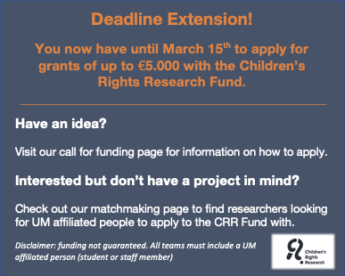 marieke_hopman's tweet photo. 🌟Deadline extended to 15th March! 🌟Due to the large interest in the matchmaking options, to give everyone sufficient time to submit, the Children’s Rights Research Fund has extended the deadline to apply for grants. More info: https://t.co/ig1mSkjWIb https://t.co/oOHTbcpNse