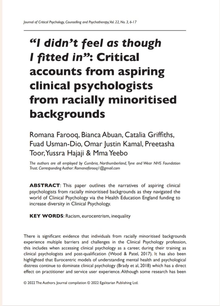 The wait is finally over....here is the first paper to capture the narratives of aspiring clinical psychologists from racially minoritised backgrounds navigating Health Education England funding to increase diversity in the profession. @ASWhittington <a href="/dynamicprince82/">Sharon Prince (she/her)</a>