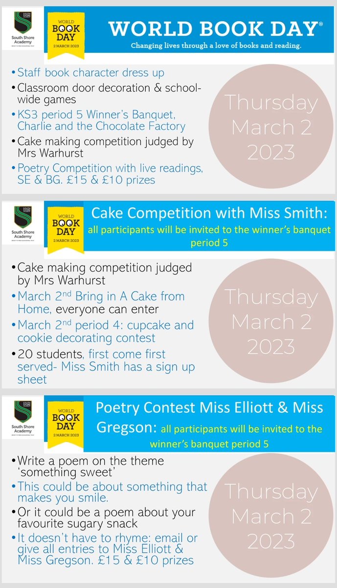 Check out our #WorldBookDay2023 events!

We have already had some fantastic entries for the poetry competition 'Something Sweet'. Get your entries in! 🍬

Get your aprons on and create a baking masterpiece - judged by Mrs Warhurst 🎂

Not forgetting our winners banquet P5! 🎟️