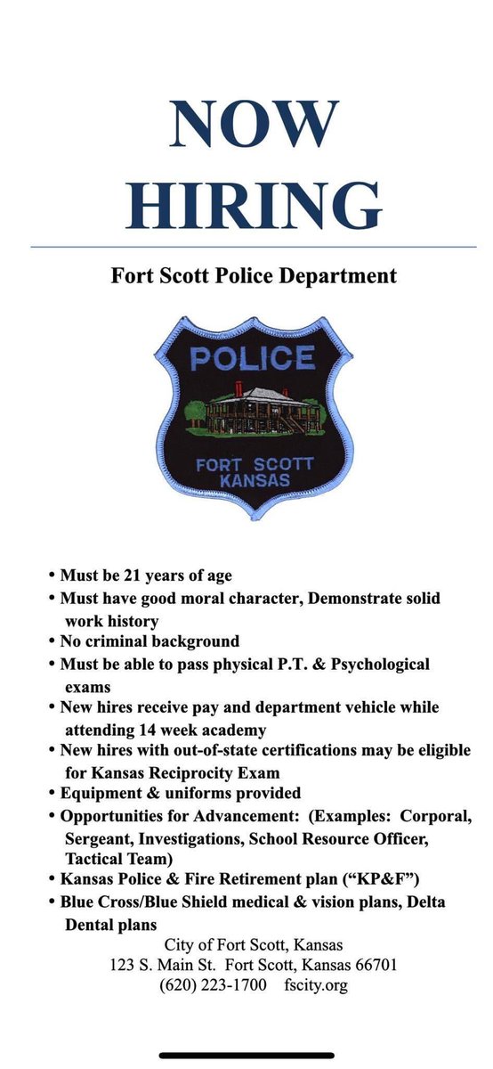 The Fort Scott Police Department has 2 immediate openings.  See our recruitment notice below.  You can apply @ FSCity.org