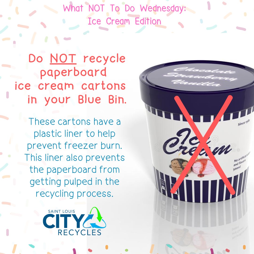 STLCityRecycles's tweet photo. The awesomeness of ice cream stops when the carton is empty, especially if yours is paperboard. 😥Paperboard ice cream cartons are not recyclable in our Blue Bins...
#WhatNOTtoDoWednesday  #STLCityRecycles #STLCity https://t.co/lBU0O5UoP9