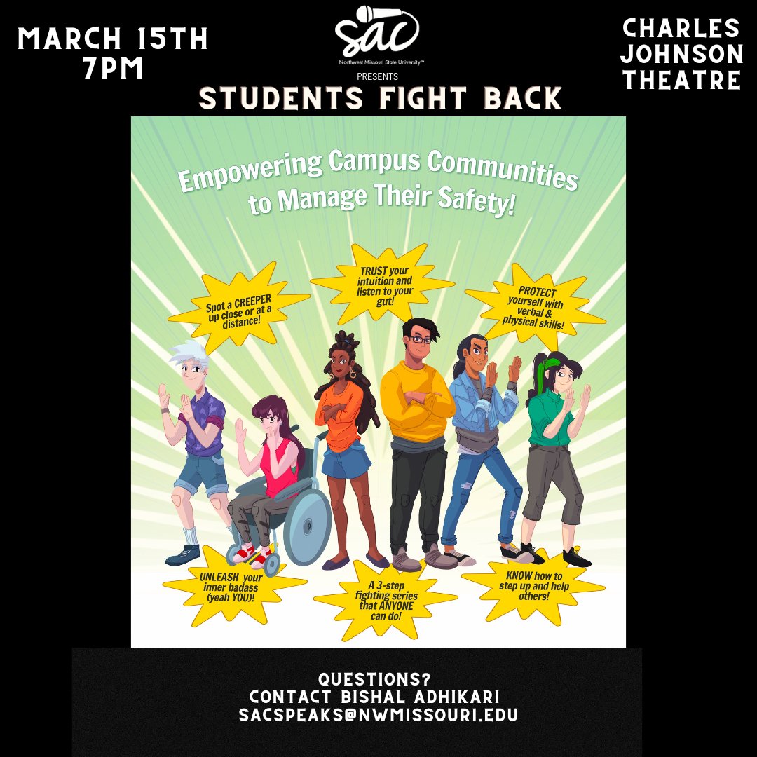 Hey Bearcats! Make sure to attend Students Fight Back on March 15th to learn some tips and tricks  on staying safe! Hope to see everyone there!