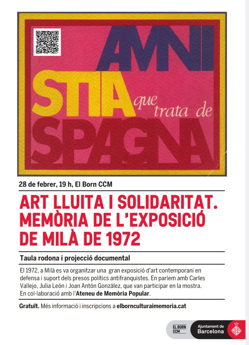 Ateneu_Memoria's tweet photo. ❗️Conjuntament amb @ElBornCCM commemorem els 51 anys de l'exposició «Amnistia que trata de Spagna». Aquesta va tenir lloc el març de 1972 a Milà. 
🛠️ Amb la mostra es van recaptar fons en solidaritat amb els i les treballadores víctimes de la repressió franquista (1/3)🇮🇹 https://t.co/pAz3twEgMA