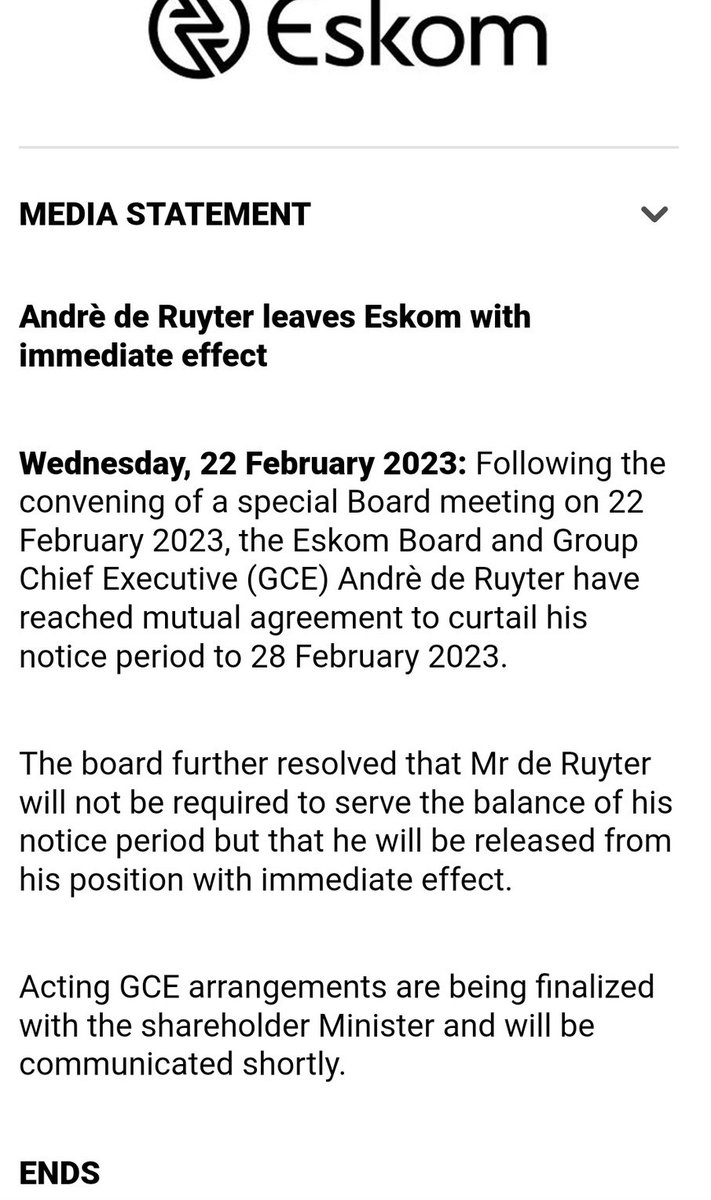 AndiMakinana's tweet photo. Eskom:

Andre de Ruyter leaving Eskom with immediate effect! https://t.co/aVBudGyGDI