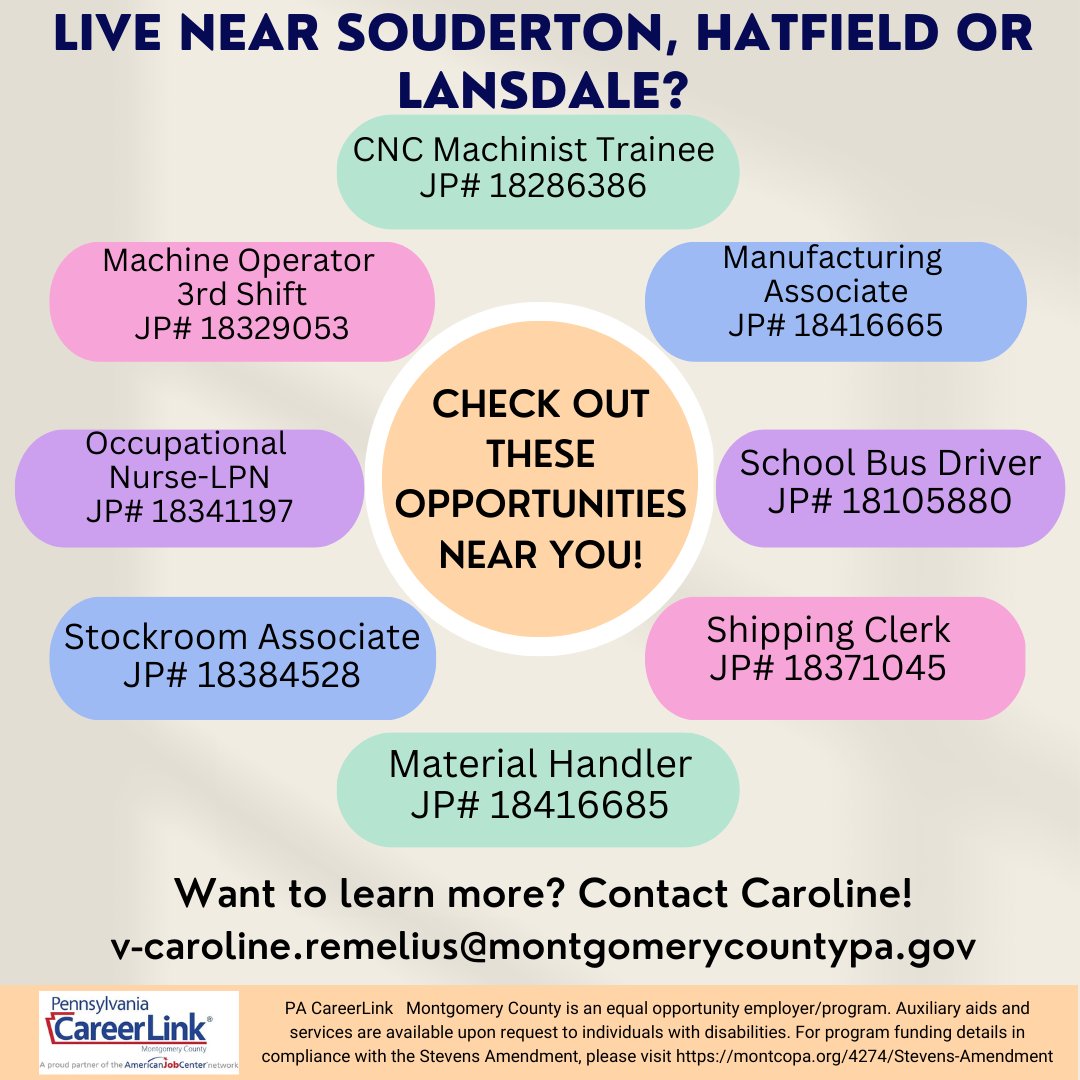 PACLMontCo's tweet image. Do you live near #Souderton, #Hatfield, or #Lansdale? Check out these opportunities near you by searching the job posting number at pacareerlink.pa.gov. Contact Caroline at 
v-caroline.remelius@montgomerycountypa.gov if you have questions! 
#montcoforward #jobsnearme #career