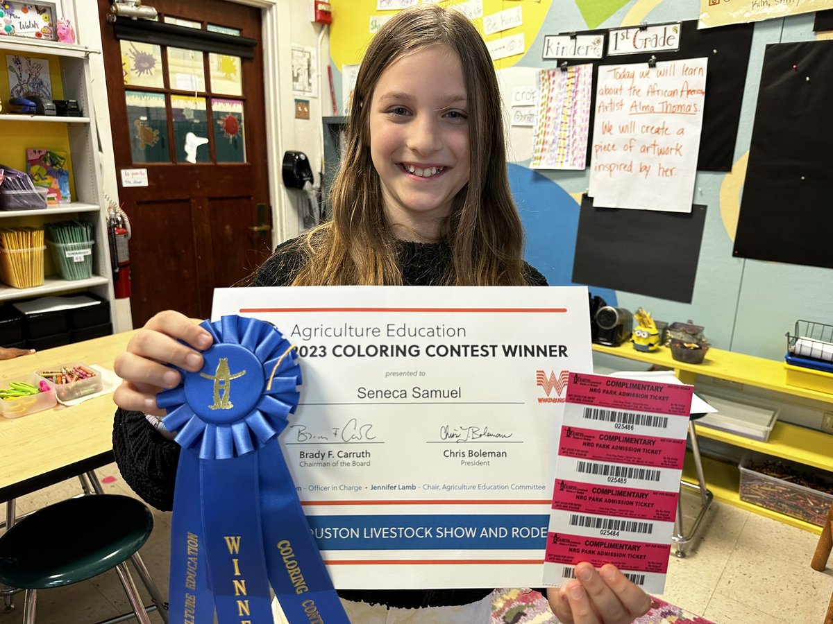 ROEworld's tweet photo. Congrats to 3rd grader Seneca Samuel for being selected as a winner in the coloring contest by the Rodeo! https://t.co/UNacPjeCMd