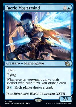 SaffronOlive's tweet photo. Curious what people think about Faerie Mastermind in Commander. Gut reaction is that it's basically the blue Esper Sentinel (except better in the late game) and worth playing in essentially any deck that can cast it. https://t.co/eBjeYaOTgt